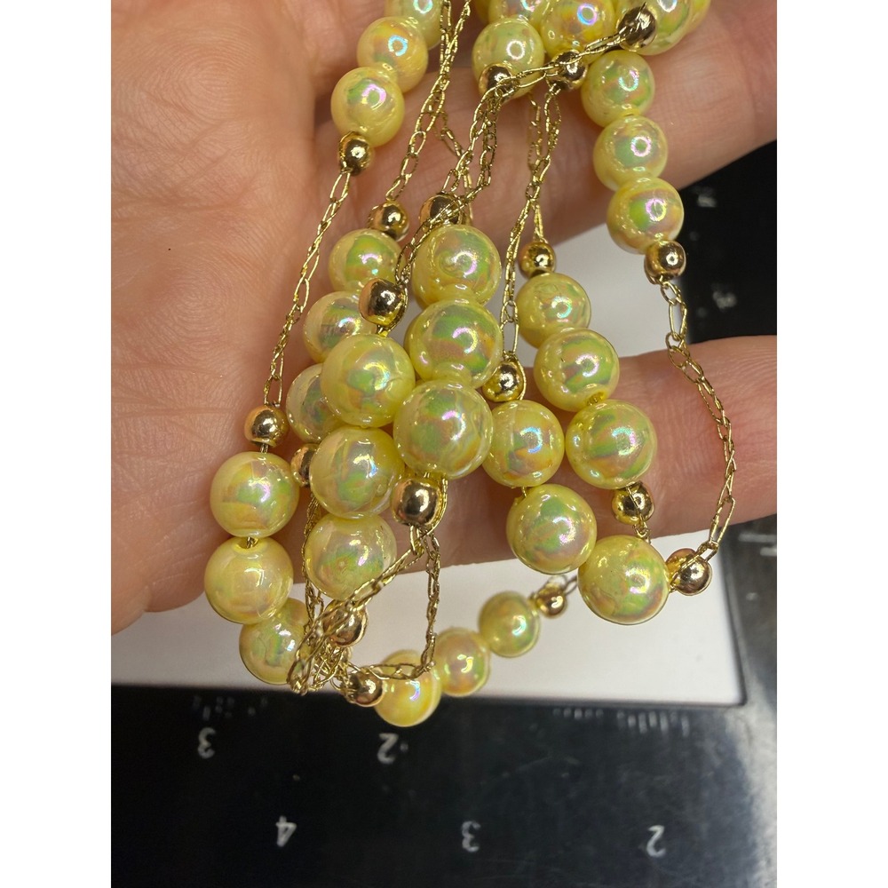 Yellow Iridescent Faux Pearl Long Chain Necklace Gold Tone Aurora Borealis 36in